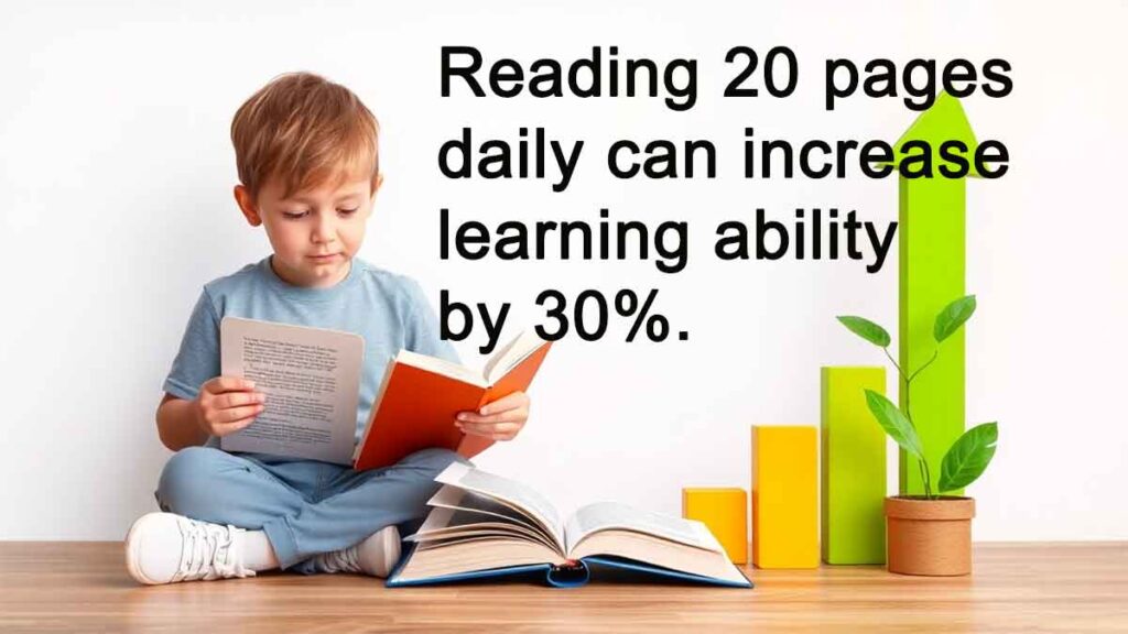 Brain Development – How Reading Can Impressively Develop the Brain 5 Infographic "Reading 20 pages daily can increase learning ability by 30%." - with a background of a boy reading.